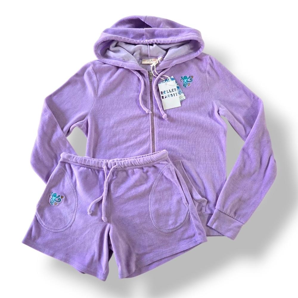 NWT Roller Rabbit Disco Terry Set Zip Up Hoodie + Shorts In Lavander Small